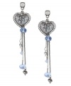 Fall in love with Betsey Johnson. These drop earrings feature silver tone heart charms accented by dangling chains, blue-colored crystals, blue faceted beads and silver tone bubble heart charms. Set in rhodium-plated mixed metal. Small crystal accent at post. Approximate drop: 3-1/2 inches.