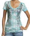 Miss Me Women's Dreamcatcher Aqua Shirt with Sequined and Beaded Feather Design (Medium)