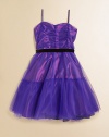 She'll be a heartbreaker in this gorgeous tulle party dress with ruched-detail bodice and twirly full skirt.Sweetheart necklineSpaghetti strapsRuched bodiceVelvet waist sashBack zipperFull skirtAbove the knee lengthFully linedPolyester over nylonDry cleanMade in USA of imported fabricAdditional InformationKid's Apparel Size Guide 