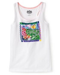 Juicy Couture is all over your vacation wardrobe with this light tank, adorned with a sequin-enhanced holiday print at the chest. Juicy Couture is all over your vacation wardrobe with this light tank, adorned with a sequin-enhanced holiday print at the chest.