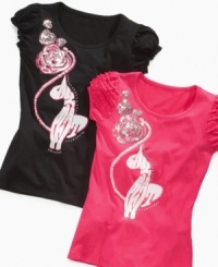 Fun and feminine girls t-shirt with a touch of ruffles on the sleeves plus a sequined flower being admired by a cat is uniquely Baby Phat styled.