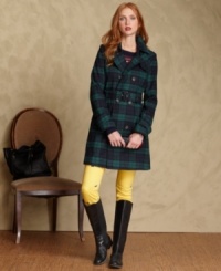 Tommy Hilfiger's cozy trench coat is made from a warm wool blend with an allover plaid print. Tommy Hilfiger's cozy trench coat is made from a warm wool blend with an allover plaid print.