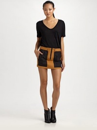 The colorblocked mini, outfitted with crisp pleating and back flap pockets for a hint of utilitarian chic.Mid waistBelt loopsZip-flyFront pleatsBack flap pocketsAbout 12½ long98% cotton/2% elastaneDry cleanImportedOUR FIT MODEL RECOMMENDS ordering true size. The colorblocked mini, outfitted with crisp pleating and back flap pockets for a hint of utilitarian chic.Mid waistBelt loopsZip-flyFront pleatsBack flap pocketsAbout 12½ long98% cotton/2% elastaneDry cleanImportedOUR FIT MODEL RECOMMENDS ordering true size.