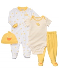 Here a quack, there a quack, everywhere a quack-quack. Their outfit will be as fun as their personality with this 4-piece bodysuit, pant, coverall and hat set from Carter's. Here a quack, there a quack, everywhere a quack-quack. Their outfit will be as fun as their personality with this 4-piece bodysuit, pant, coverall and hat set from Carter's.