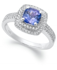 Sparkling perfection. This chic, cushion-shaped ring features a tanzanite center stone (1-1/5 ct. t.w.) surrounded by doubled rows of round-cut diamonds (1/3 ct. t.w.). Set in 14k white gold. Sparkling perfection. This chic, cushion-shaped ring features a tanzanite center stone (1-1/5 ct. t.w.) surrounded by doubled rows of round-cut diamonds (1/3 ct. t.w.). Set in 14k white gold.