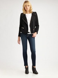 Luxe leather insets and artfully distressed edging elevate this textural, biker-inspired design.Asymmetrical zip front with snap tabLeather shoulder panels Patch breast pocketSide zipper pocketsSnap cuffsAbout 22 from shoulder to hem46% cotton/33% polyester/21% viscoseDry cleanImportedModel shown is 5'10 (177cm) wearing US size Small. Luxe leather insets and artfully distressed edging elevate this textural, biker-inspired design.Asymmetrical zip front with snap tabLeather shoulder panels Patch breast pocketSide zipper pocketsSnap cuffsAbout 22 from shoulder to hem46% cotton/33% polyester/21% viscoseDry cleanImportedModel shown is 5'10 (177cm) wearing US size Small.