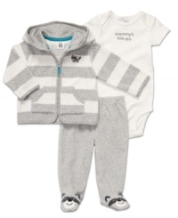 When he's feeling feisty, grab this fun bodysuit, hoodie and footed pant set to keep him comfy throughout the day. When he's feeling feisty, grab this fun bodysuit, hoodie and footed pant set to keep him comfy throughout the day.