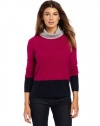 Magaschoni Women's 100% Cashmere Color Block Turtleneck Sweater, Boysenberry/Light Silver/Dark Navy, Small