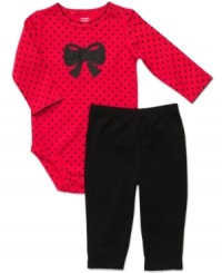 Wrap her up just like the gift that she is in this playful polka-dot bodysuit and pant set from Carter's. Wrap her up just like the gift that she is in this playful polka-dot bodysuit and pant set from Carter's.