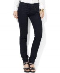 Lauren Jeans Co.'s modernized straight-leg jean channels a chic moto influence in sleek stretch denim with zip pockets at the hips. Lauren Jeans Co.'s modernized straight-leg jean channels a chic moto influence in sleek stretch denim with zip pockets at the hips.