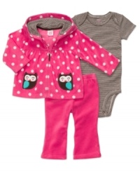 Lovingly adorned with polka dots and owls, Carter's microfleece three-piece set features the perfect amount of girly sweetness. Lovingly adorned with polka dots and owls, Carter's microfleece three-piece set features the perfect amount of girly sweetness.
