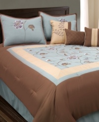 Floral arrangement. A beautiful light blue center panel is adorned with flowing flowers and surrounded by frames of warm tan and brown hues in this Belle Marine comforter set. Shams, bedskirt and three decorative pillows draw in coordinating hues and floral motifs. Floral arrangement. A beautiful light blue center panel is adorned with flowing flowers and surrounded by frames of warm tan and brown hues in this Belle Marine comforter set. Shams, bedskirt and three decorative pillows draw in coordinating hues and floral motifs.
