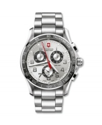 Wear your sophistication on your sleeve with this perfectly polished Classic XLS watch by Victorinox Swiss Army. Stainless steel bracelet and round case with anti-reflective sapphire crystal. Bezel etched with tachymeter scale. Brushed silvertone dial features silvertone numerals at markers, date window at six o'clock, three subdials, luminous hour and minute hands, red second hand and logo at twelve o'clock. Swiss quartz movement. Water resistant to 100 meters. Three-year limited warranty. Wear your sophistication on your sleeve with this perfectly polished Classic XLS watch by Victorinox Swiss Army. Stainless steel bracelet and round case with anti-reflective sapphire crystal. Bezel etched with tachymeter scale. Brushed silvertone dial features silvertone numerals at markers, date window at six o'clock, three subdials, luminous hour and minute hands, red second hand and logo at twelve o'clock. Swiss quartz movement. Water resistant to 100 meters. Three-year limited warranty.