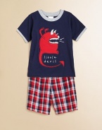 This devilish little set isn't complete without an intimidating graphic and matching plaid shorts. Tee CrewneckShort sleevesDevil appliquéCottonImported of domestic fabric Shorts Elastic waistbandTwo front side pocketsCottonMachine washImportedAdditional InformationKid's Apparel Size Guide 