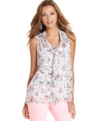 Avian love: colorful birds soar across this breezy, sleeveless bow blouse from Pout! Avian love: colorful birds soar across this breezy, sleeveless bow blouse from Pout!