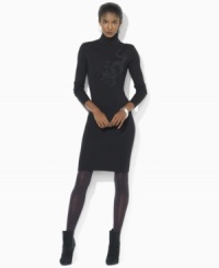 Lauren Ralph Lauren's soft merino wool dress is detailed with a glistening embroidered dragon and luxe faceted buttons at the neckline for exotic appeal. Lauren Ralph Lauren's soft merino wool dress is detailed with a glistening embroidered dragon and luxe faceted buttons at the neckline for exotic appeal.