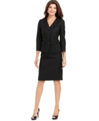 Le Suit's skirt suit looks extra sleek with a collarless, three-quarter-sleeve jacket and a flattering skirt fit. This suit is a cinch to wear from desk to dinner when paired with a stylish shoe. Le Suit's skirt suit looks extra sleek with a collarless, three-quarter-sleeve jacket and a flattering skirt fit. This suit is a cinch to wear from desk to dinner when paired with a stylish shoe.