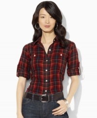 Rendered in soft cotton flannel, Lauren Ralph Lauren's classic shirt is finished with a heritage plaid pattern and optional rolled cuffs for versatile style. Rendered in soft cotton flannel, Lauren Ralph Lauren's classic shirt is finished with a heritage plaid pattern and optional rolled cuffs for versatile style.