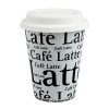 Porcelain travel mugs with rubber lid. Special heat resistant technology around the top of the cup will prevent the porcelain from getting too hot while carrying it. Reads Café Latte all over.