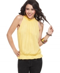 A high, ruffled neckline and flattering blouson fit make this top from Planet Gold a delightful match to your skinny jeans! A high, ruffled neckline and flattering blouson fit make this top from Planet Gold a delightful match to your skinny jeans!