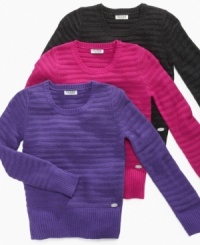 The season high low is the way to go, and this cozy and cute Guess sweater will keep her in step with the style. The season high low is the way to go, and this cozy and cute Guess sweater will keep her in step with the style.