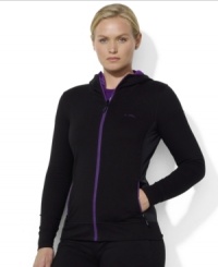 Lauren Ralph Lauren's woven plus size jacket with an embroidered L-RL logo shows off your stylish sporty side with tonal side panels and a contrasting waffle-knit hood interior. Lauren Ralph Lauren's woven plus size jacket with an embroidered L-RL logo shows off your stylish sporty side with tonal side panels and a contrasting waffle-knit hood interior.