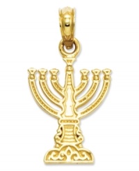 Cherish the memory of Hanukkah with this beautiful Menorah charm. Crafted in 14k gold. Chain not included. Approximate length: 8/10 inch. Approximate width: 1/2 inch. Cherish the memory of Hanukkah with this beautiful Menorah charm. Crafted in 14k gold. Chain not included. Approximate length: 8/10 inch. Approximate width: 1/2 inch.