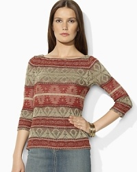 A chic boat neck and three-quarter length sleeves lend feminine elegance to a patterned knit linen top. A chic boat neck and three-quarter length sleeves lend feminine elegance to a patterned knit linen top.