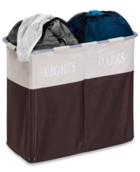 See the difference between light & dark! A dual compartment hamper makes it easy to sort and store the different garments in your wardrobe. A heavy-duty exterior feature a mesh top with drawstring closure. See the difference between light & dark! A dual compartment hamper makes it easy to sort and store the different garments in your wardrobe. A heavy-duty exterior feature a mesh top with drawstring closure.