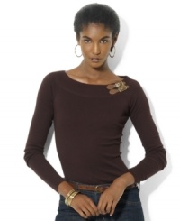 Lauren Ralph Lauren's figure-flattering boatneck top rendered in soft cotton is accented with a double buckle at the shoulder for a hint of rustic edge. Lauren Ralph Lauren's figure-flattering boatneck top rendered in soft cotton is accented with a double buckle at the shoulder for a hint of rustic edge.