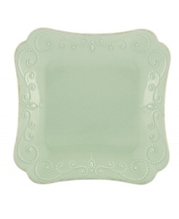 With fanciful beading and a feminine edge, Lenox French Perle square plates have an irresistibly old-fashioned sensibility. Hardwearing stoneware is dishwasher safe and, in an ethereal ice-blue hue with antiqued trim, a graceful addition to any meal. With fanciful beading and a feminine edge, Lenox French Perle square plates have an irresistibly old-fashioned sensibility. Hardwearing stoneware is dishwasher safe and, in an ethereal ice-blue hue with antiqued trim, a graceful addition to any meal.