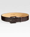 Croc-embossed Italian leather with self-covered buckle and supple nubuck lining. About 2 wide Made in USA