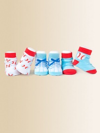 Three colorful pairs of multi-patterned, baseball-themed socks.80% cotton/17% acrylic/3% spandexMachine washImported