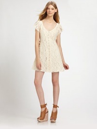 Gorgeous floral lace- this season's must-have trend- skims the body in a comely fit-and-flare frock.V necklineFlutter sleevesButton-down frontPrincess seamsSlip liningAbout 15 from natural waist80% cotton/20% nylonHand washImportedModel shown is 5'10 (177cm) wearing US size Small. Gorgeous floral lace- this season's must-have trend- skims the body in a comely fit-and-flare frock.V necklineFlutter sleevesButton-down frontPrincess seamsSlip liningAbout 15 from natural waist80% cotton/20% nylonHand washImportedModel shown is 5'10 (177cm) wearing US size Small.