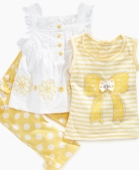 Get her into the spirit of the season with this sunny 3-piece shirts and capri pant set from Nannette. Get her into the spirit of the season with this sunny 3-piece shirts and capri pant set from Nannette.