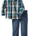 Kenneth Cole Boys 2-7 Twofer Plaid Shirt With Jeans, Teal, 3T