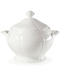 A beautiful way to serve piping hot soups, this tureen from Mikasa's Antique White dinnerware and dishes collection has a unique shape and clean embossed design. The lid helps keep in warmth, while the sculpted handles make it easy to carry. A beautiful way to serve piping hot soups, this tureen from Mikasa's Antique White dinnerware and dishes collection has a unique shape and clean embossed design. The lid helps keep in warmth, while the sculpted handles make it easy to carry.