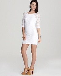 Work the season's white trend in this eyelet Aqua dress, sheer at the shoulders and sleeves for added femme. Complement the pale style with nude shoes and some serious bling. Work the season's white trend in this eyelet Aqua dress, sheer at the shoulders and sleeves for added femme. Complement the pale style with nude shoes and some serious bling.
