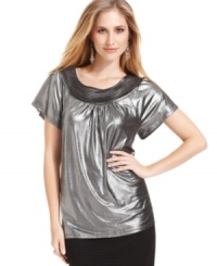 Make a statement with a pleated collar! This fab Style&co. top not only features the unique detail at the neckline but it also has a metallic finish, perfect for day and night. Make a statement with a pleated collar! This fab Style&co. top not only features the unique detail at the neckline but it also has a metallic finish, perfect for day and night.