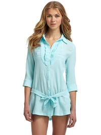 THE LOOKCrinkled textureShirt collarRuffled bib frontButton frontThree-quarter length sleeves with button cuffsRemovable tie beltTHE FITAbout 28 from shoulder to hemTHE MATERIALCottonCARE & ORIGINHand washImportedModel shown is 5'10 (177cm) wearing US size Small. THE LOOKCrinkled textureShirt collarRuffled bib frontButton frontThree-quarter length sleeves with button cuffsRemovable tie beltTHE FITAbout 28 from shoulder to hemTHE MATERIALCottonCARE & ORIGINHand washImportedModel shown is 5'10 (177cm) wearing US size Small.
