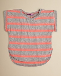 Vibrant neon stripes dash across Aqua's boxey tee, a swinging silhouette with glowing style. Vibrant neon stripes dash across Aqua's boxey tee, a swinging silhouette with glowing style.
