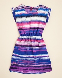 Striking stripes in sketchy patterns turn a typical chiffon dress into a cool centerpiece for your trend-conscious child's after-school wardrobe. Striking stripes in sketchy patterns turn a typical chiffon dress into a cool centerpiece for your trend-conscious child's after-school wardrobe.
