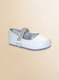 She'll be extra precious in these adorable ballerina flats with rhinestone embellished elastic strap for a stylish and snug fit.Elastic vamp strapPolyurethane upperPolyurethane and satin liningRubber solePadded insoleImported She'll be extra precious in these adorable ballerina flats with rhinestone embellished elastic strap for a stylish and snug fit.Elastic vamp strapPolyurethane upperPolyurethane and satin liningRubber solePadded insoleImported