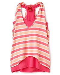 This sleeveless top from Ella Moss simply screams summer. The double layer piece starts with a solid shirt with a deep v neck stripe overlay, ruched at the racer back. This sleeveless top from Ella Moss simply screams summer. The double layer piece starts with a solid shirt with a deep v neck stripe overlay, ruched at the racer back.