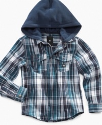 The perfect find for fall, this DC Shoes button-down shirt has an attached hood to keep him warm when he's hanging out on a cool autumn evening. The perfect find for fall, this DC Shoes button-down shirt has an attached hood to keep him warm when he's hanging out on a cool autumn evening.