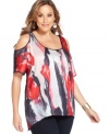 A stroke of genius: DKNY's cold-shoulder plus size top, featuring an abstract print.