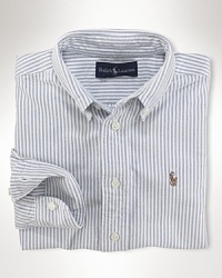 A preppy long-sleeved sport shirt in striped cotton oxford, washed for well-worn softness. Styled in comfortable, classic-fitting Blake silhouette. Button-down collar, applied placket and barrel cuffs. Signature multicolored embroidered pony accents the chest patch pocket. Shirttail hem. A preppy long-sleeved sport shirt in striped cotton oxford, washed for well-worn softness. Styled in comfortable, classic-fitting Blake silhouette. Button-down collar, applied placket and barrel cuffs. Signature multicolored embroidered pony accents the chest patch pocket. Shirttail hem.