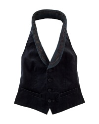 A fitted tuxedo vest is tailored in luxurious velvet with classic detailing and an embroidered twill collar for a heritage-inspired look. A fitted tuxedo vest is tailored in luxurious velvet with classic detailing and an embroidered twill collar for a heritage-inspired look.