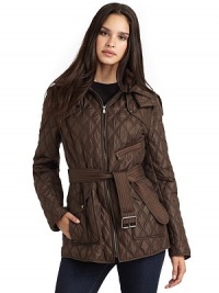THE LOOKDiamond quilted designZip-off hoodRounded collarFront zipperStorm flaps with snapsFront zip pocketDual snap flap pocketsRemovable tie beltLong sleevesTHE FITAbout 27 from shoulder to hemTHE MATERIALShell and fill: polyesterFully linedCARE & ORIGINDry cleanImportedModel shown is 5'10 (177cm) wearing US size Small. THE LOOKDiamond quilted designZip-off hoodRounded collarFront zipperStorm flaps with snapsFront zip pocketDual snap flap pocketsRemovable tie beltLong sleevesTHE FITAbout 27 from shoulder to hemTHE MATERIALShell and fill: polyesterFully linedCARE & ORIGINDry cleanImportedModel shown is 5'10 (177cm) wearing US size Small.
