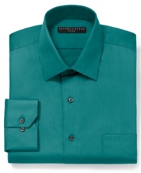 Easiest way to make any business rig look brand-new: With a shirt in a solid, statement-making color, like this sateen dress shirt from Geoffrey Beene. Easiest way to make any business rig look brand-new: With a shirt in a solid, statement-making color, like this sateen dress shirt from Geoffrey Beene.